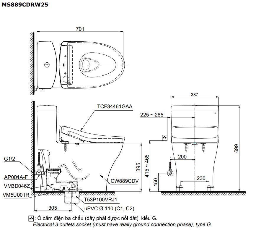 Bản vẽ kích thước bồn cầu MS889DRW25