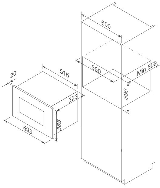 Bản vẽ kích thước lò hấp âm tủ kết hợp nướng Malloca MW 820 ECO