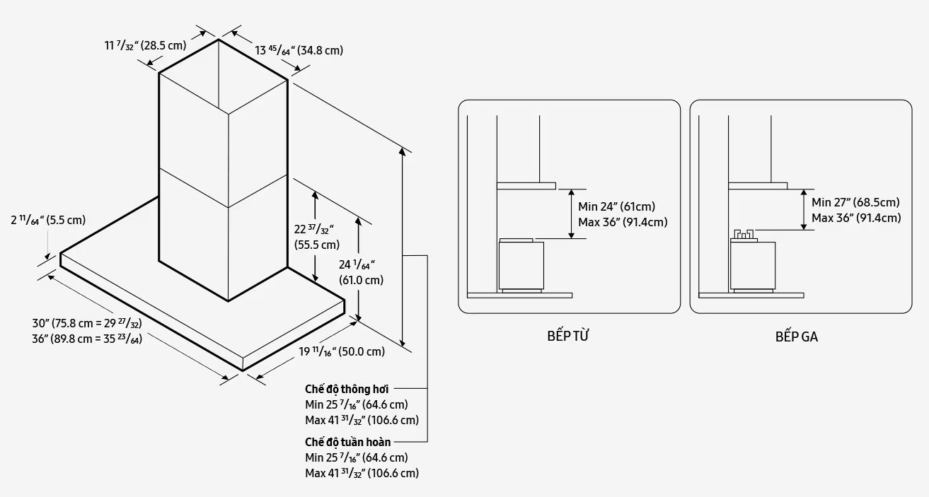 Bản vẽ kích thước máy hút mùi gắn tường Samsung NK36CB665WWHSV