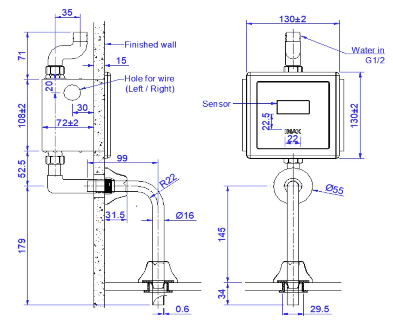 Bản vẽ kích thước van tiểu âm tường Inax OKUV-30SM-0.5