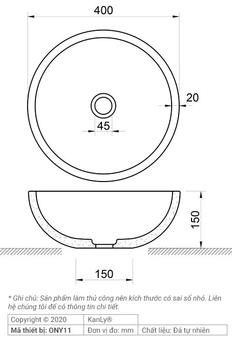 Bản vẽ kích thước chậu rửa mặt đá tự nhiên Kanly ONY11