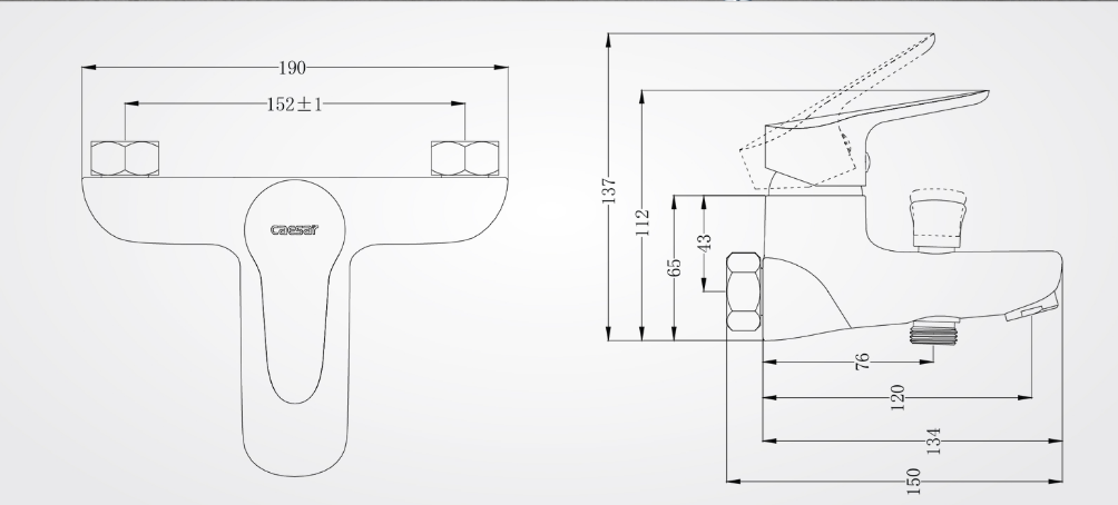 Bản vẽ kích thước vòi sen nóng lạnh caesar S123C