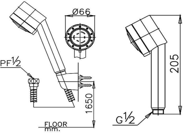 Bản vẽ kích thước tay sen 3 chức năng cotto s41 hm