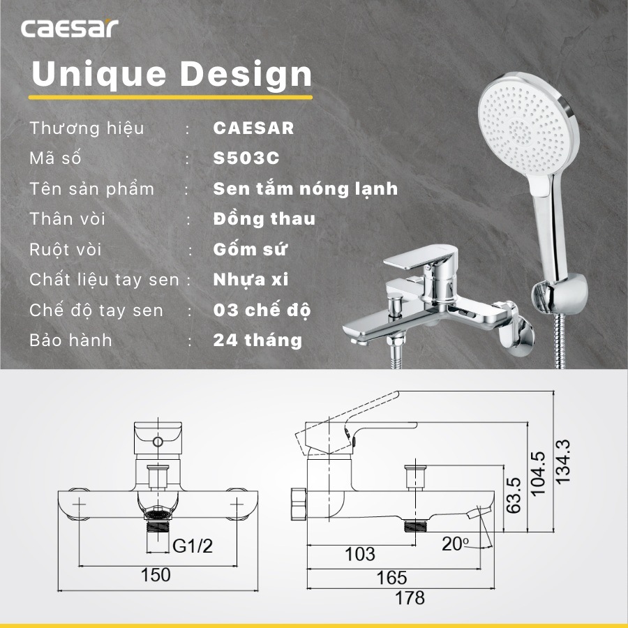 Bản vẽ kích thước vòi sen Caesar S503C