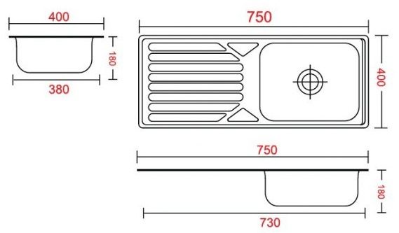 Bản vẽ kích thước chậu 1 hố 1 cánh Sơn Hà S79