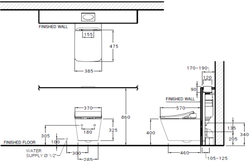 Bản vẽ kích thước bàn cầu Cotto sc 197627 cv8 treo tường