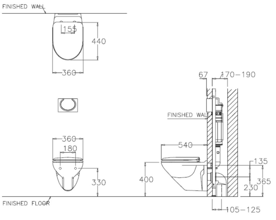 Bản vẽ kích thước bồn cầu SC 199F Cotto