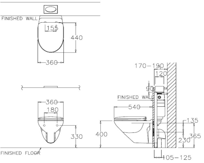 Bản vẽ kích thước bồn cầu SC 199T Cotto