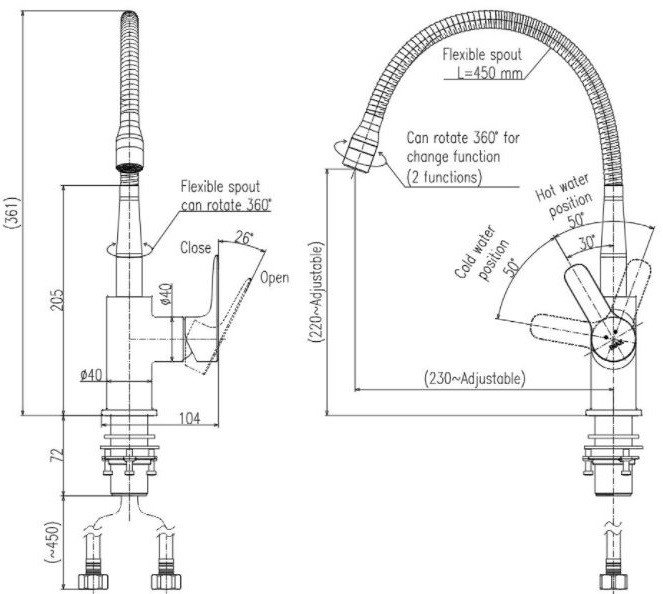 Bản vẽ kích thước vòi rửa bát inax SFV-303S nóng lạnh