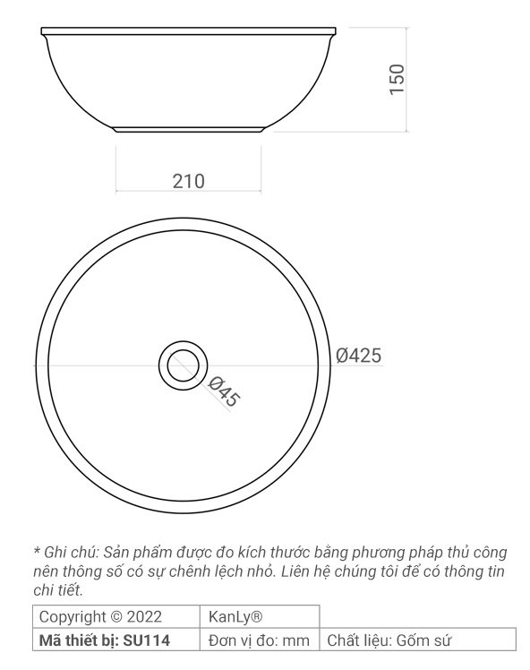Bản vẽ kích thước chậu rửa mặt Kanly SU114 sứ in mỹ thuật