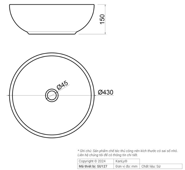 Bản vẽ kích thước chậu rửa mặt Kanly SU127 sứ mỹ thuật