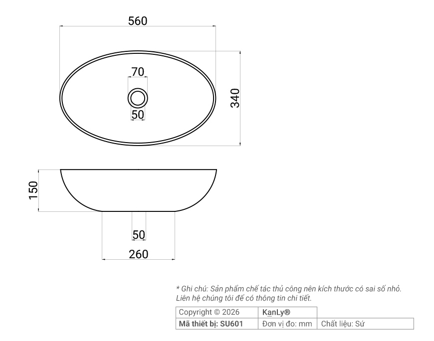 Bản vẽ kích thước chậu rửa mặt Kanly SU601 sứ in mỹ thuật