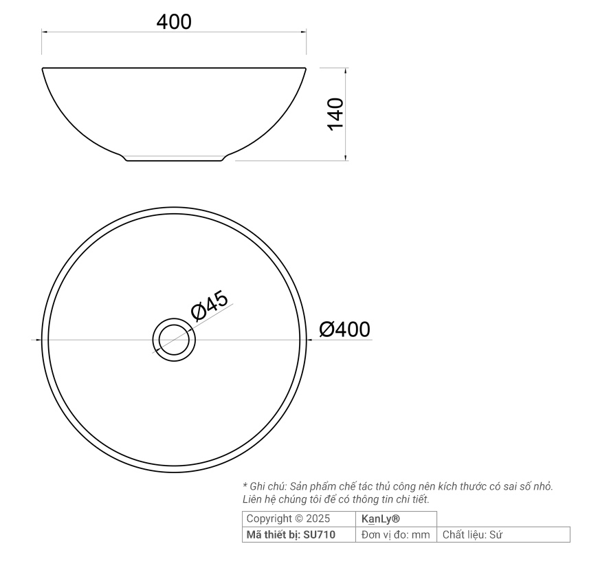 Bản vẽ kích thước chậu lavabo Kanly SU710