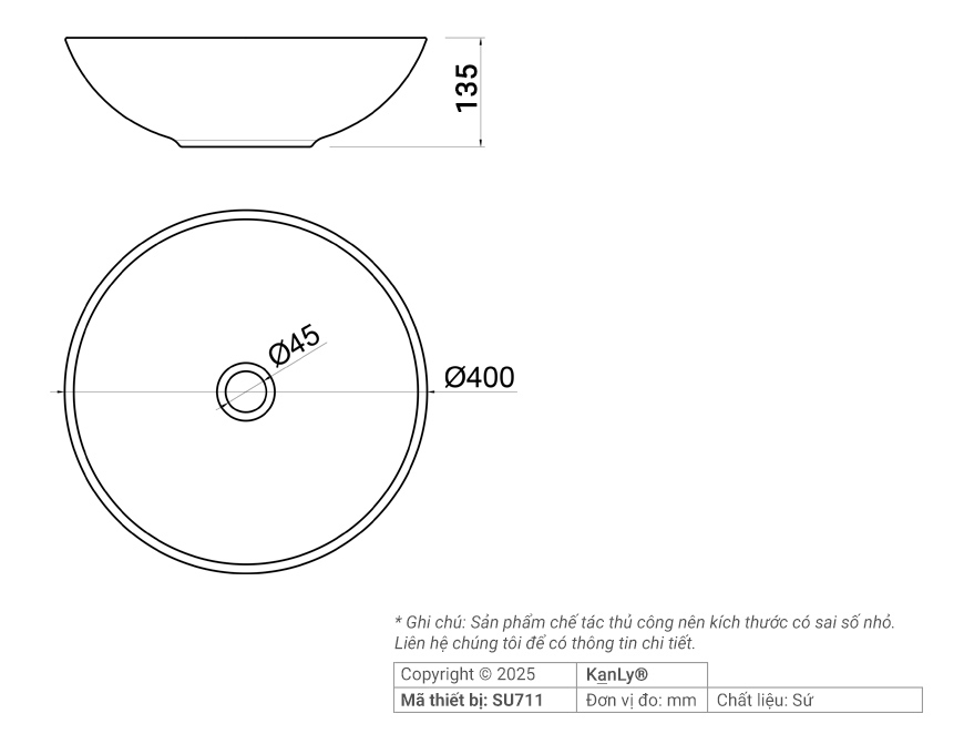 Bản vẽ kích thước chậu lavabo Kanly SU711 