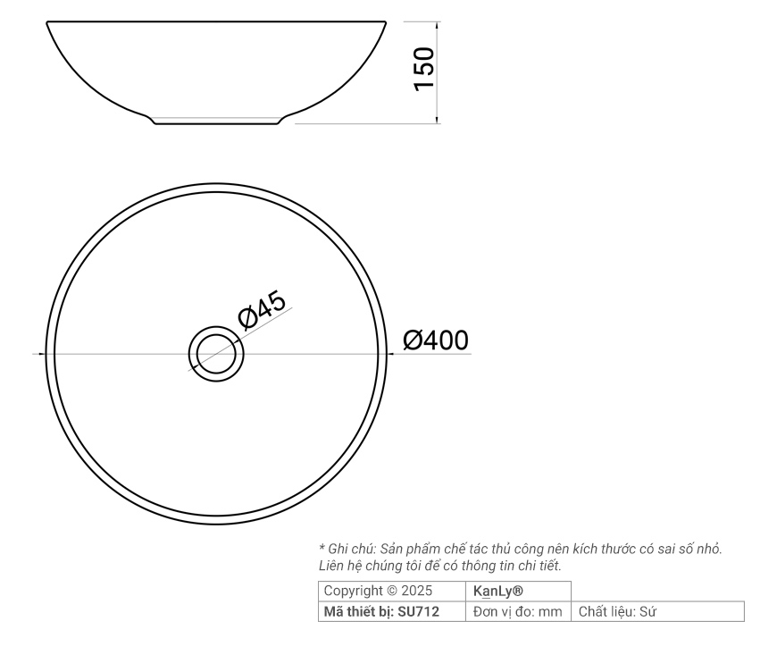 Bản vẽ kích thước chậu lavabo Kanly SU712