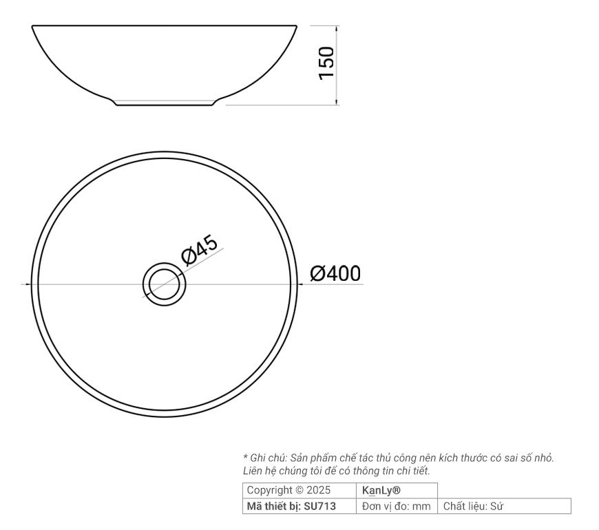Bản vẽ kích thước chậu lavabo Kanly SU713