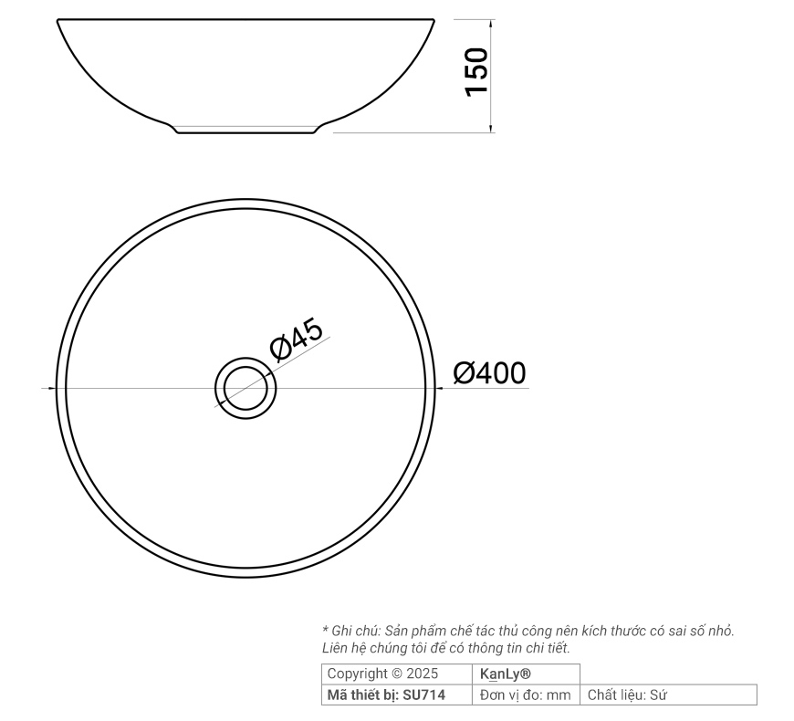 Bản vẽ kích thước chậu lavabo Kanly SU714