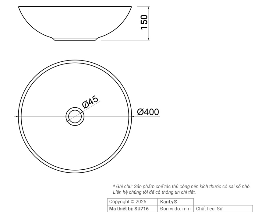 Bản vẽ kích thước chậu lavabo Kanly SU716