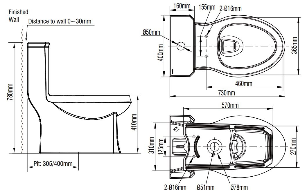 Bản vẽ kích thước bồn cầu Moen SW3332C1 1 khối