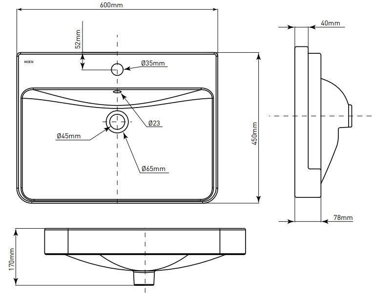 Bản vẽ kích thước lavabo SW 51551 Moen bán âm