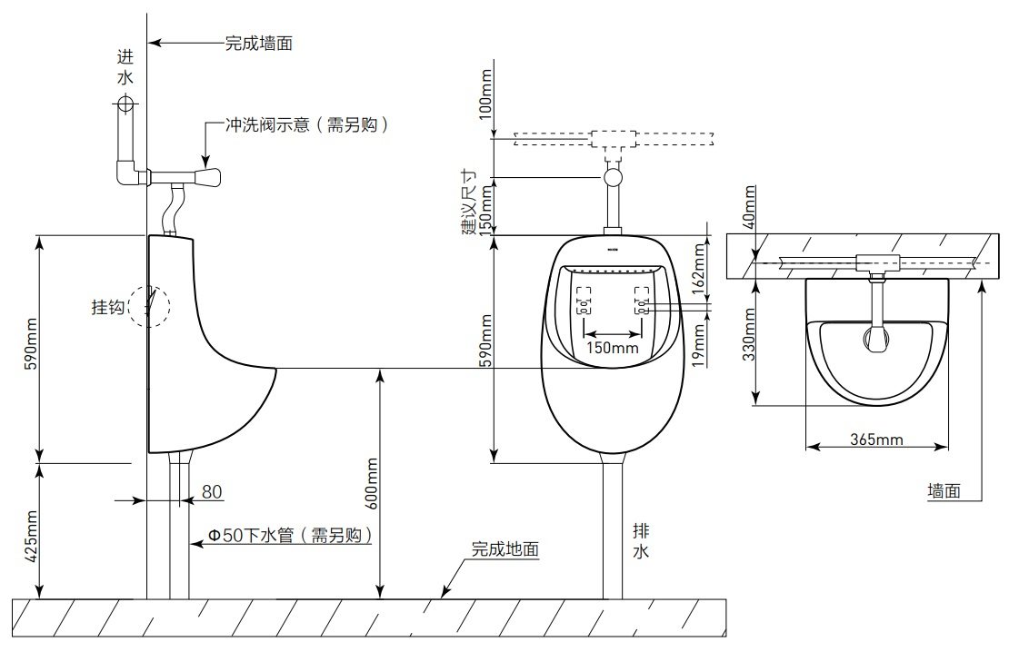 Bản vẽ kích thước bồn tiểu SW 6092 SS Moen treo tường