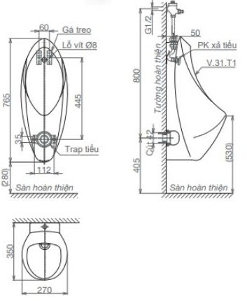 Bản vẽ kích thước bồn tiểu nam Viglacera T 1