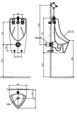Bản vẽ kích thước bồn tiểu nam Viglacera T2