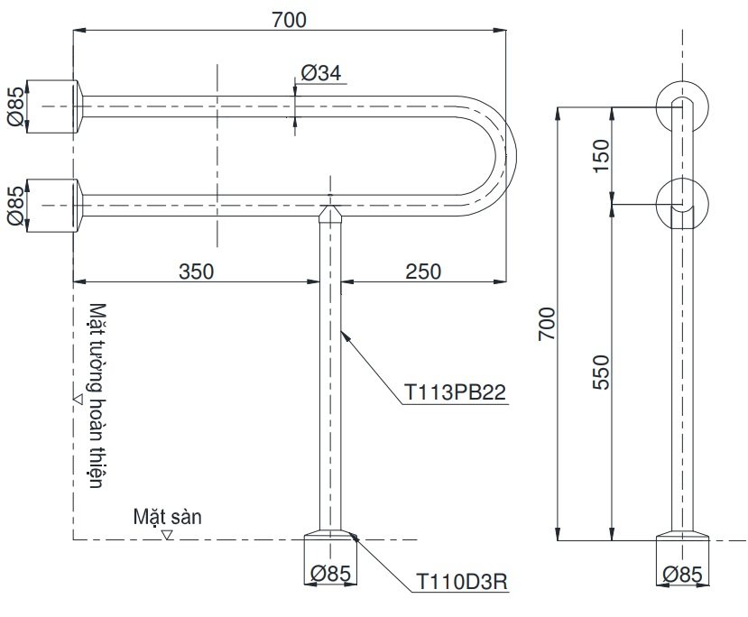 Bản vẽ thanh vịn T113BP22 T110D3R(x3) TOTO chữ P
