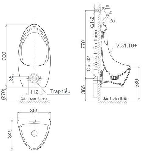 Bản vẽ kích thước bồn tiểu nam T 9 Viglacera