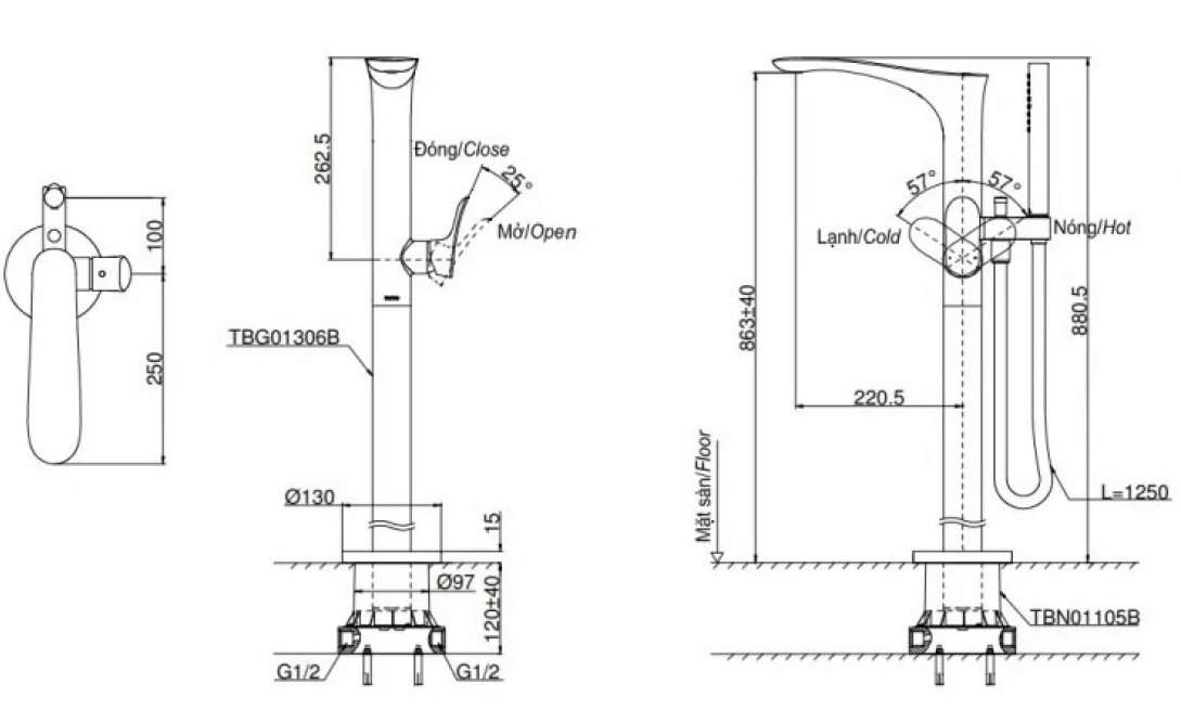 Bản vẽ vòi xả bồn TOTO TBG01306BA-BRG TBN01105B