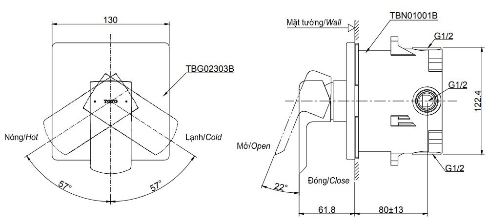 Bản vẽ van âm tường Toto TBG02303BA