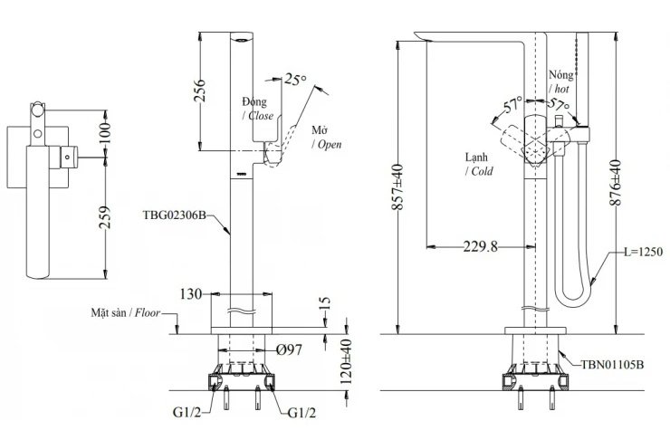 Bản vẽ vòi đặt sàn TOTO TBG 02306A MBL xả bồn tắm