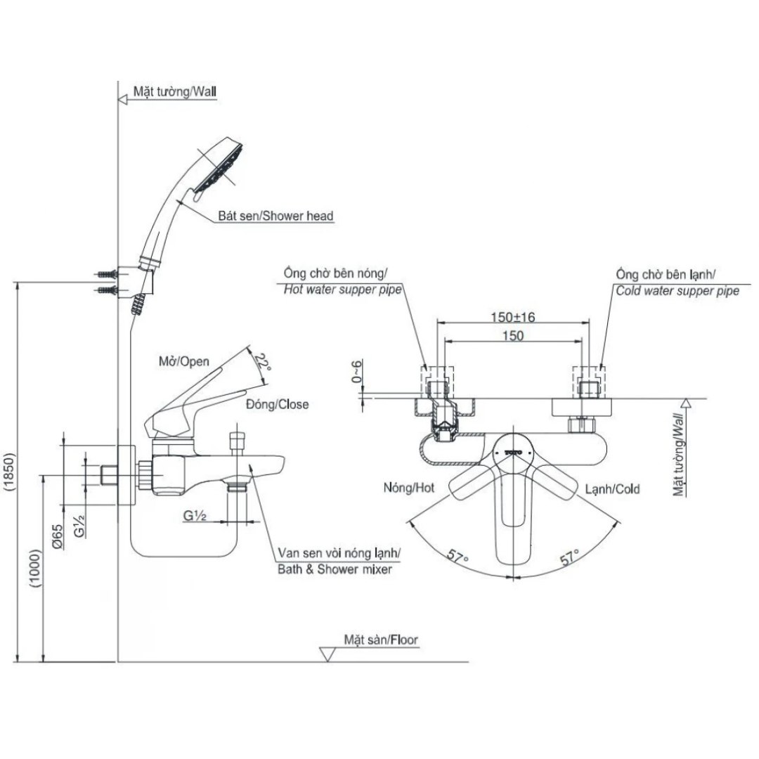 Bản vẽ kích thước vòi sen tắm TBG03302VA+TBW09010V TOTO