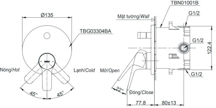 Bản vẽ van gật gù nóng lạnh TOTO TBG 03304BB MBL kèm nút chuyển hướng