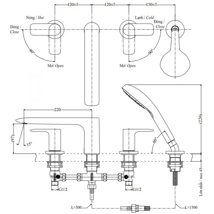 Bản vẽ sen tắm xả bồn TBG 04202BC MBL có tay sen cầm tay