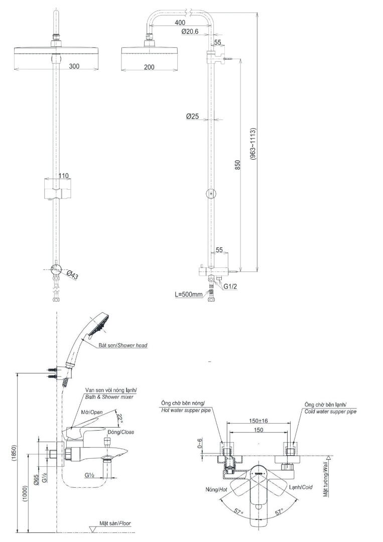 Bản vẽ kích thước sen cây TOTO TBG04302VA+TBW13040V+TBW09010V