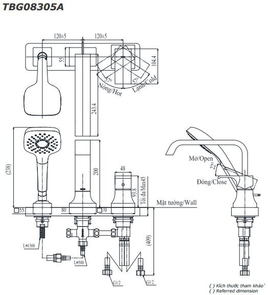 Bản vẽ kích thước vòi sen bồn tắm Toto TBG08305AA