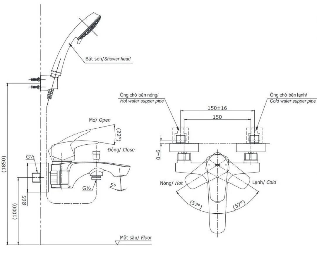 Bản vẽ van Toto TBG09302 VA kết hợp tay sen TBW01035V