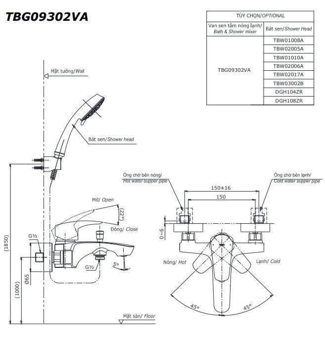 Bản vẽ kích thước vòi sen tbg09302va