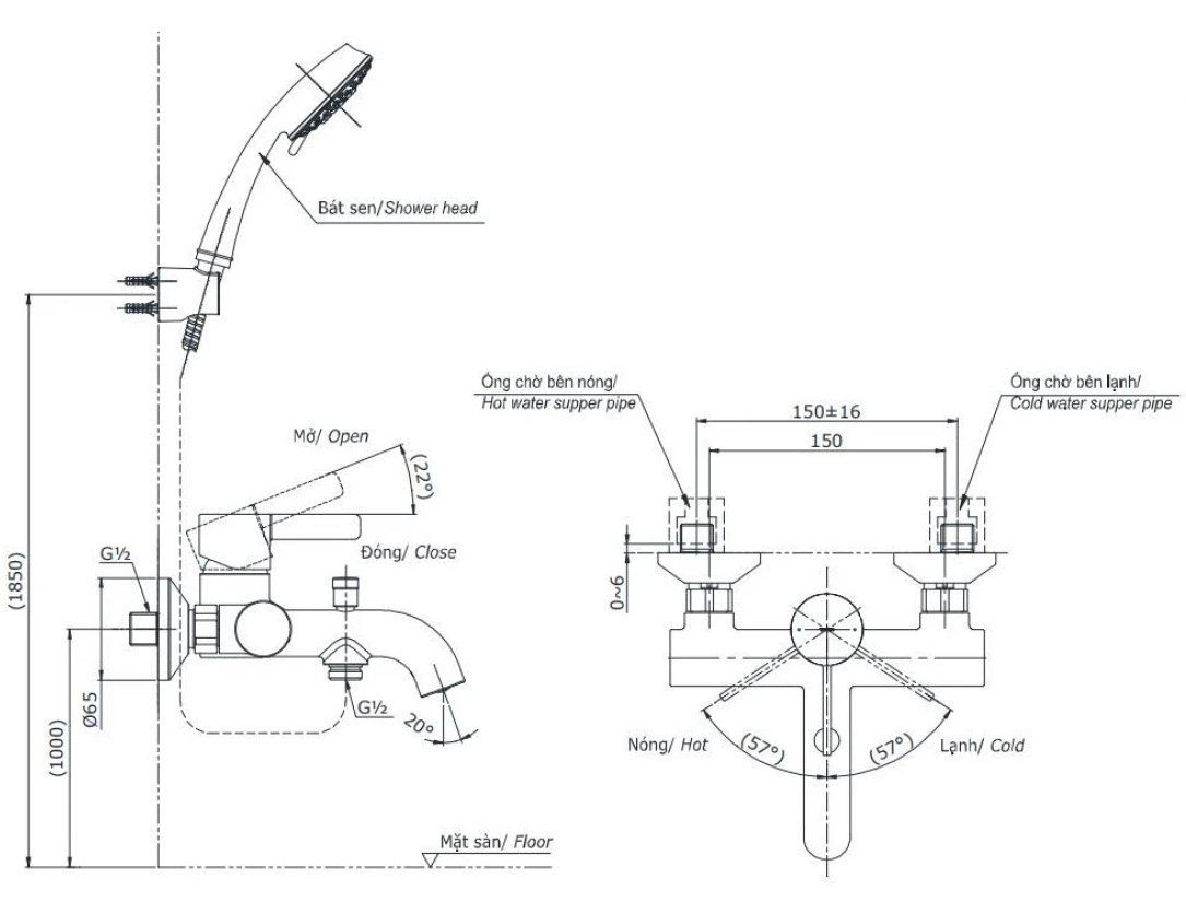 Bản vẽ bộ sen tắm TBG11302VA + TBW07008A TOTO nóng lạnh