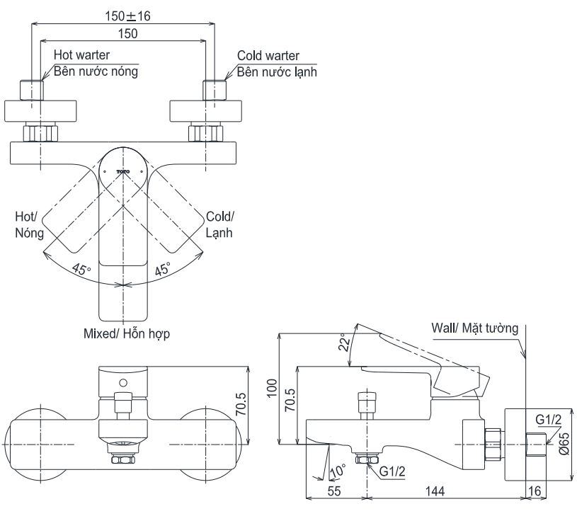 Bản vẽ kích thước củ sen TBG13302A TOTO nóng lạnh