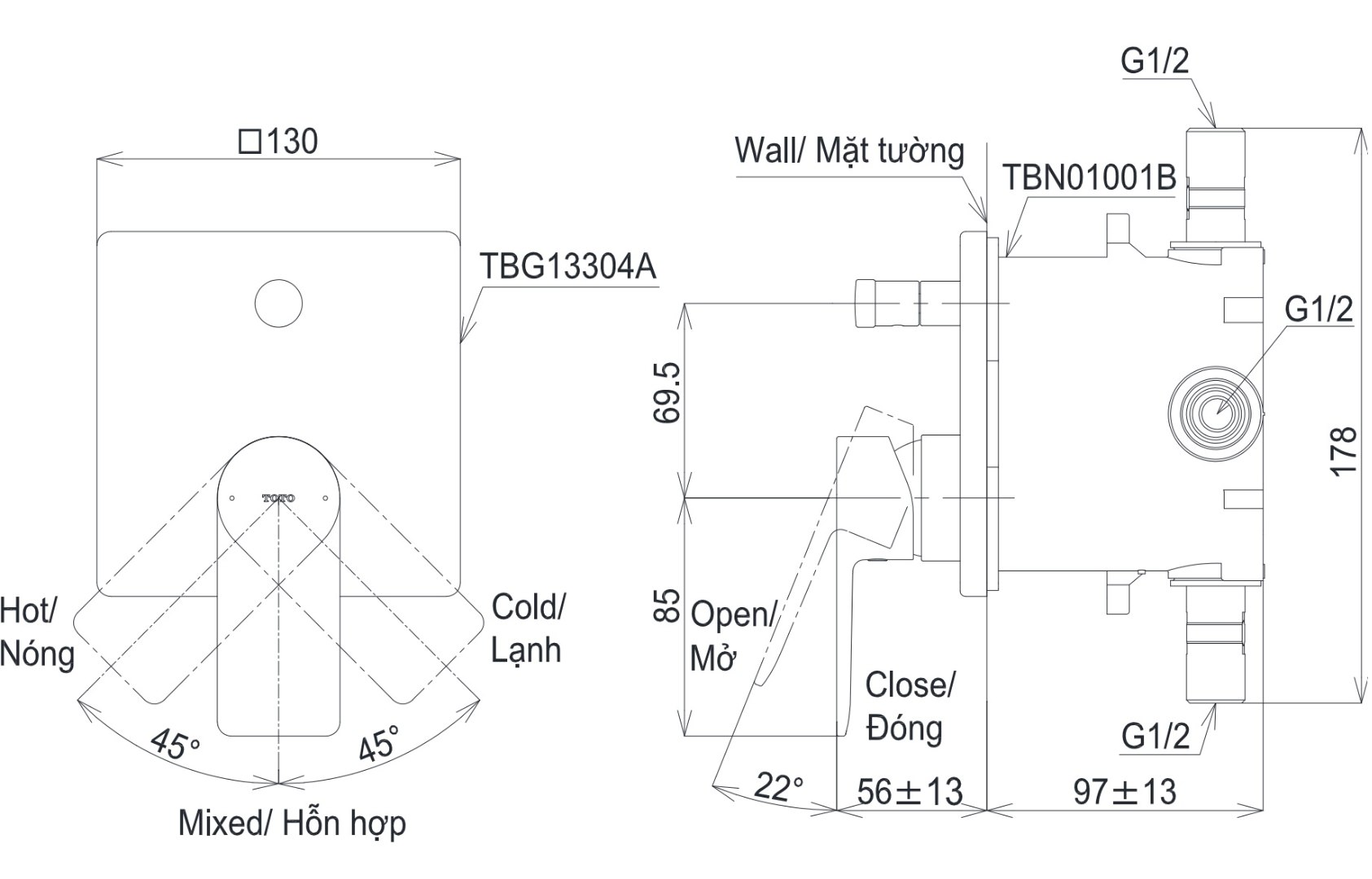 Bản vẽ kích thước van âm tường Toto TBG13304A/TBN01001B