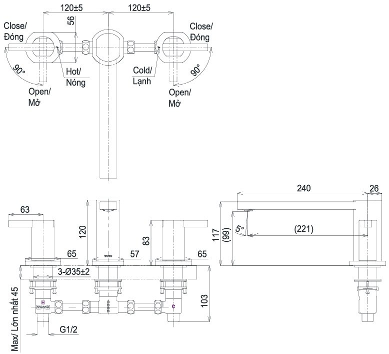 Bản vẽ vòi tắm xả bồn TBG152E0A TOTO