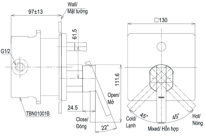 Bản vẽ van âm tường TOTO TBG153D0A TBN01001B