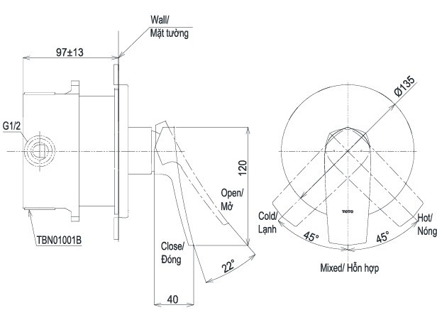 Bản vẽ van âm tường TOTO TBG163C0A TBN01001B