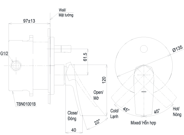 Bản vẽ van âm tường TOTO TBG163D0A TBN01001B