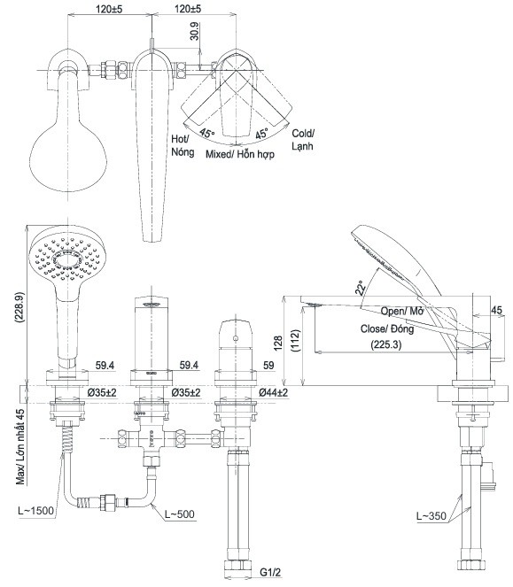 Bản vẽ vòi tắm xả bồn TBG 163F0A TOTO