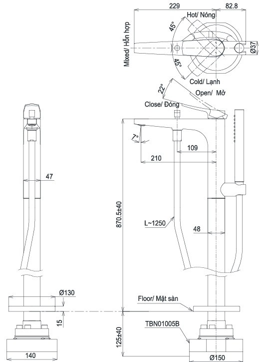 Bản vẽ vòi xả bồn TOTO TBG163J0A TBN01105B