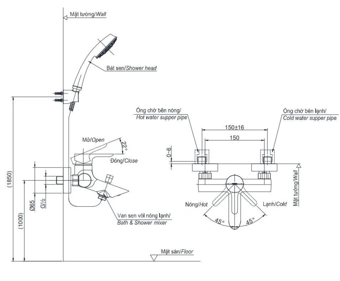Bản vẽ kích thước sen tắm TBS01302V + TBW07012A TOTO