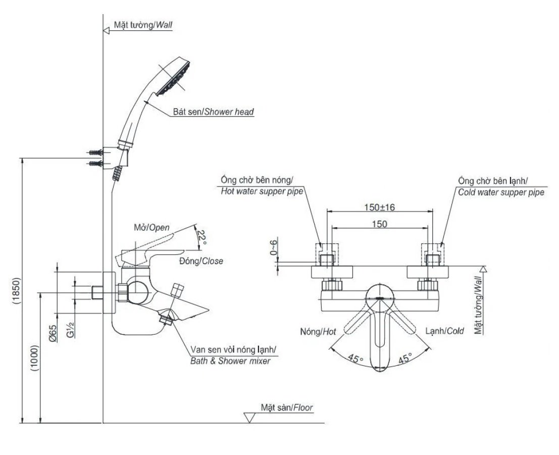 Bản vẽ kích thước sen tắm TBS01302V + TBW09000V TOTO